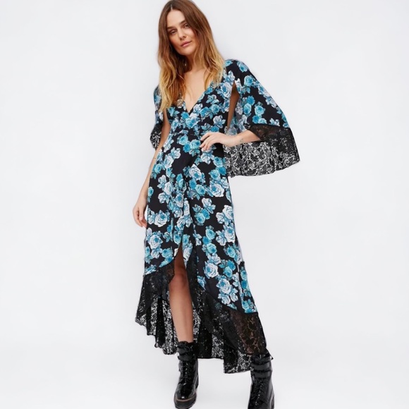 Free People Dresses & Skirts - NEW Midnight Garden Cape Maxi Dress Black Blue Faux Wrap Lace Trim Size 4